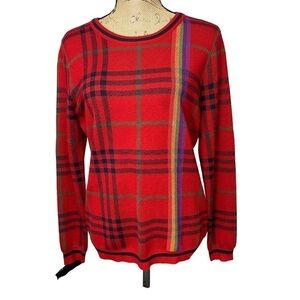 VINTAGE Scottish Plaid Wool Blend Red Sweater with Rainbow Stripe Size Small